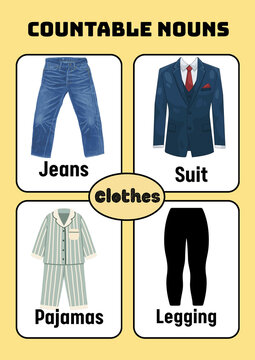 Educational countable nouns poster for clothes, English grammar learning chart with jeans and suit, school classroom vocabulary aid