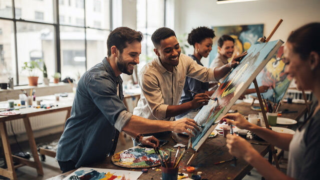 Diverse group of happy adults painting together on canvases in a bright studio, concept for art class, creative hobbies and team building workshops