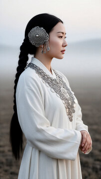 mujer asi&aacute;tica, retrato femenino, perfil femenino, mujer de perfil, cultura asi&aacute;tica, vestimenta tradicional, traje tradicional, vestuario &eacute;tnico, joyer&iacute;a tradicional, joyer&iacute;a de plata, ornamentos de 