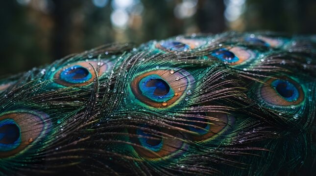 Closeup of vibrant peacock feathers with water droplets