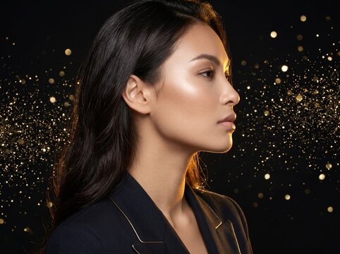 Side profile woman model, black shiny background