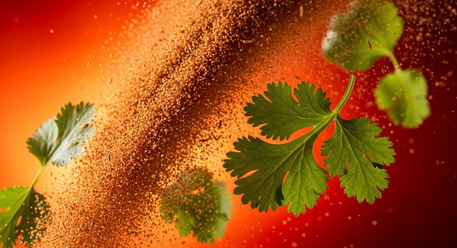 Vibrant cilantro leaves and ground spice explosion against a warm gradient background, suitable for culinary blogs, food advertising and gourmet recipes
