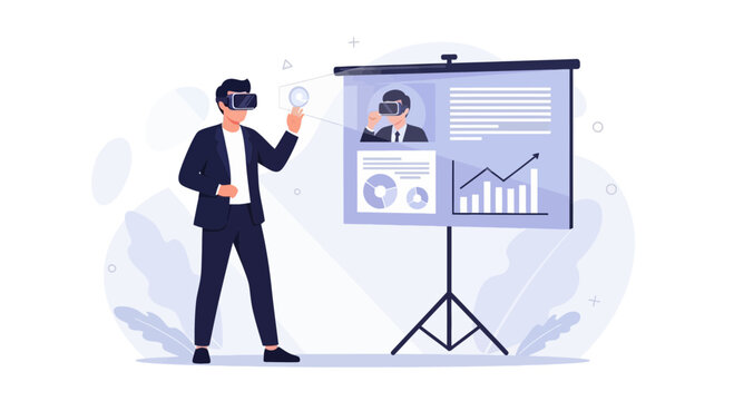 Businessman interacting with presentation screen using VR headset, symbolizing futuristic technology and data analysis.