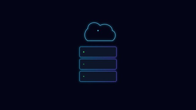 Cloud server storage network animation with glowing neon digital data transfer 4k