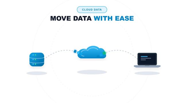 Cloud data transfer 2D animation with server and laptop in flat design style for storage services