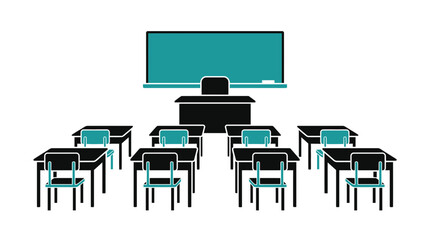Fototapeta premium Empty Classroom with Desks, Chairs and Blackboard - Isolated