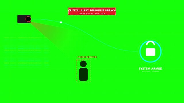 Green Screen Security System Breach Animation with Camera and Intruder Icons.