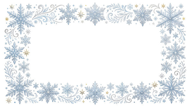 A premium Christmas snowflake border featuring an elegant variety of intricate crystalline snowflakes, tiny frost crystals, delicate sparkling stars and subtle icy-blue and silver accents, 