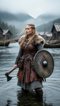vikinga, guerrera vikinga, mujer vikinga, guerrera n&oacute;rdica, guerrera escandinava, mujer guerrera, guerrera medieval, guerrera con hacha, hacha vikinga, escudo vikingo, escudo redondo, guerrera n&oacute;rdica