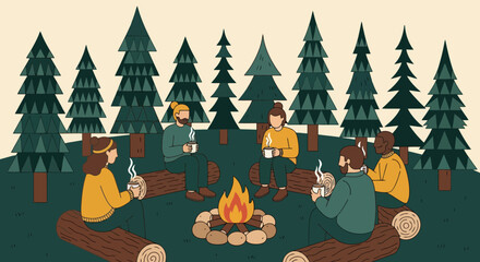 Obraz premium Illustration of a group of friends sitting around a campfire in a forest, enjoying a social gathering outdoors.