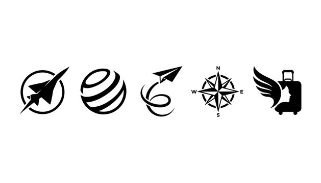 Travel and aviation vector logo icons set featuring airplane jet globe paper plane compass rose and winged suitcase.