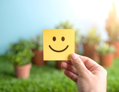 Hand holding yellow smiley face note in garden.