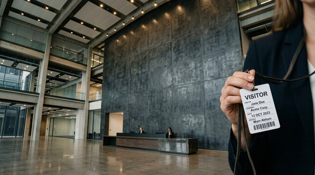 Visitor badge in modern office lobby, security check at reception desk