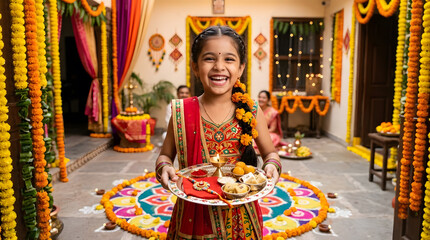 Naklejka premium Happy Indian girl holding a traditional puja plate during the Diwali festival celebration