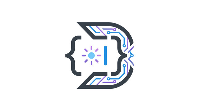 Abstract circuit bracket icon with digital spark light.