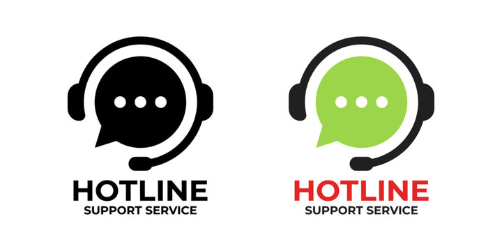 Minimalist hotline support service logo design featuring a speech bubble combined with a professional communication headphone icon set