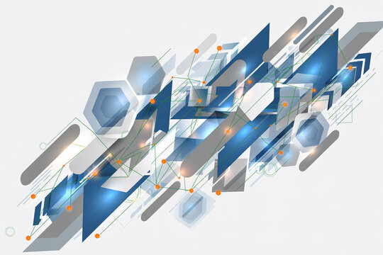 Abstract geometric shapes with blue and grey tones connected by a network, ideal for technology, data visualization and digital art