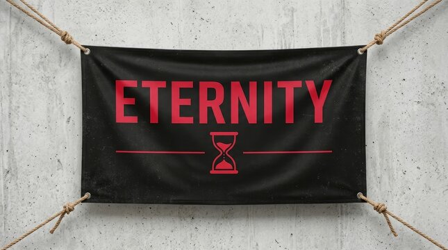 Black banner displaying the word eternity with a red hourglass icon on concrete wall background texture