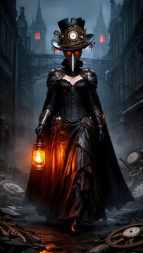 steampunk plague doctor, m&eacute;dico de la peste steampunk, doctor de la peste, m&aacute;scara de peste, personaje steampunk, personaje oscuro, personaje g&oacute;tico, mujer steampunk, guerrera steampunk, fantas&iacute;a stea