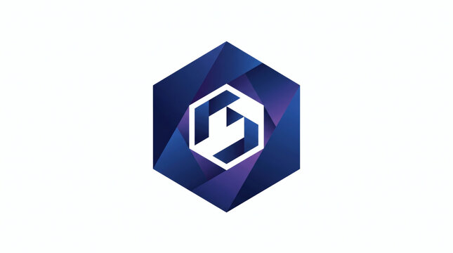 Sleek dark blue and purple gradient hexagon logo symbol with a central geometric cube icon, suitable for artificial intelligence, camera aperture technology, media studios, and software companies.
