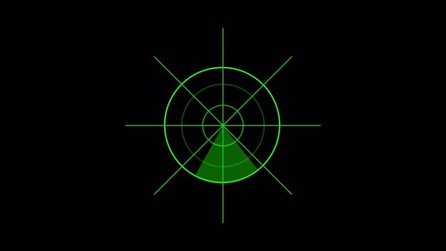 Green radar scanner sweep animation, glowing crosshair target tracking circle rotating on black background, military tech detection overlay 4K