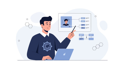 Fototapeta premium Man presenting business strategy on digital whiteboard with laptop, flat illustration style.