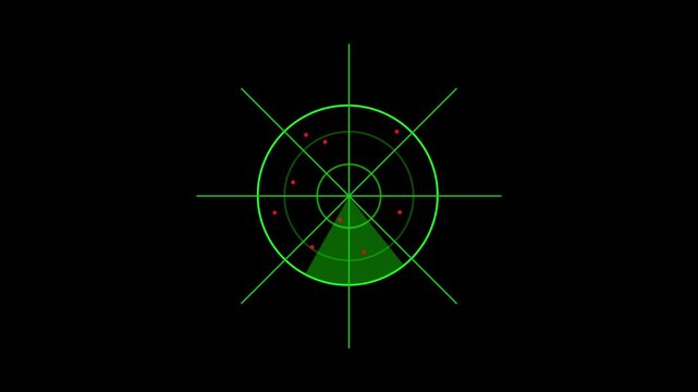 Radar Targeting Animation, Green Crosshair Targeting System, Military Radar Scanner on Black Background