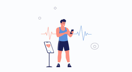Fototapeta premium Man Checking Health App on Smartphone with Heartbeat EKG Monitor Display and Pulse Wave Background, Vector Illustration