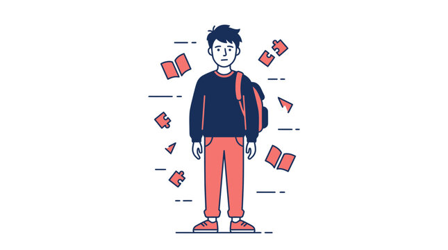 Student with Backpack, Books, and Puzzle Pieces - Isolated