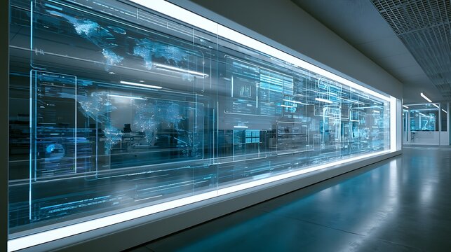 Futuristic control room with blue digital screens and interface