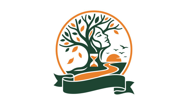 Tree of Life Woman Silhouette with Hourglass and Sunset Scene