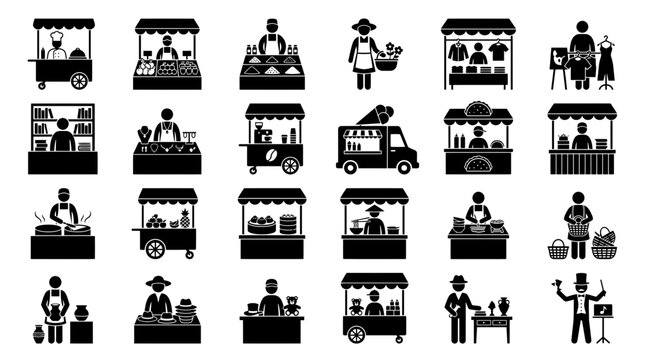 Street vendor icons and market seller symbols showing outdoor stalls, food carts and small business owners, representing local commerce and retail entrepreneurship