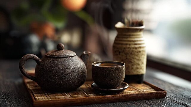 Ceramic teapot and cup on wooden tray.
