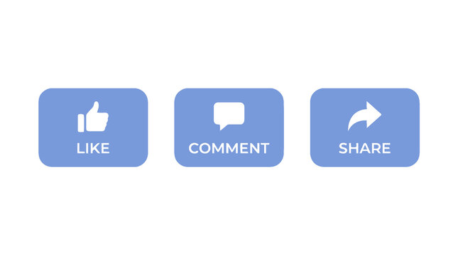 Set of blue social media interaction buttons with like comment and share text for modern website user interface and engagement.