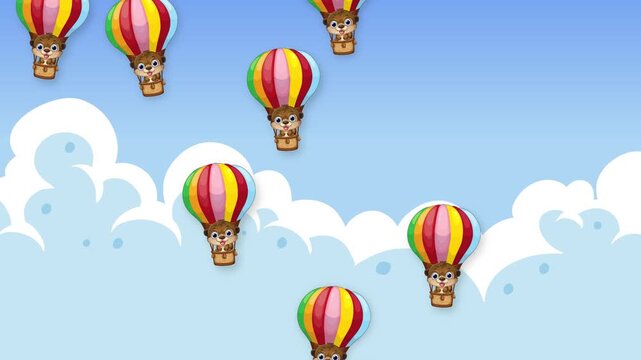 Cartoon Hot Air Balloons Falling Through Blue Sky with Clouds