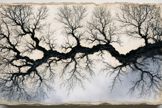 abstract organic, symmetrical black winter trees reflected on white, illustration