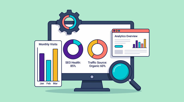 Flat SEO analytics dashboard illustration showing web traffic statistics, monthly visit charts and search engine health, representing digital marketing strategy and data analysis