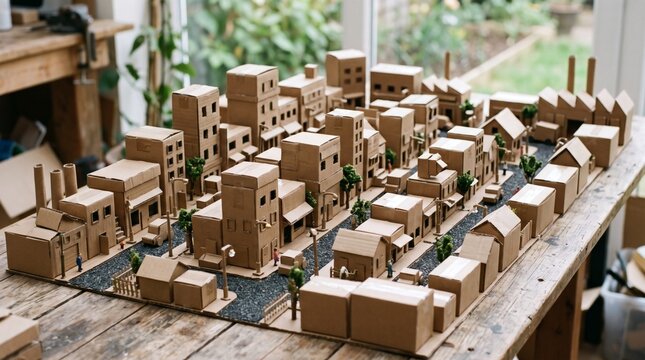 Detailed cardboard model of a city street with diverse buildings and miniature trees