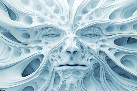 abstract organic, white alien face emerging from a perforated web structure, illustration
