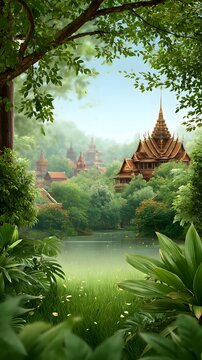 Idyllic Thai Temple Complex Overlooking Lake, Framed by Lush Greenery and Tropical Plants