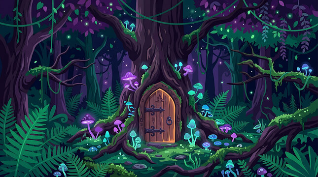Enchanted forest scene featuring a glowing mushroom-laden tree with a hidden fairy door