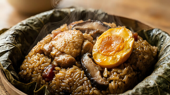 Traditional chinese sticky rice wrapped in lotus leaf filled with seasoned meat mushrooms and a halved hard-boiled egg glutinous dumpling mushroom delicious