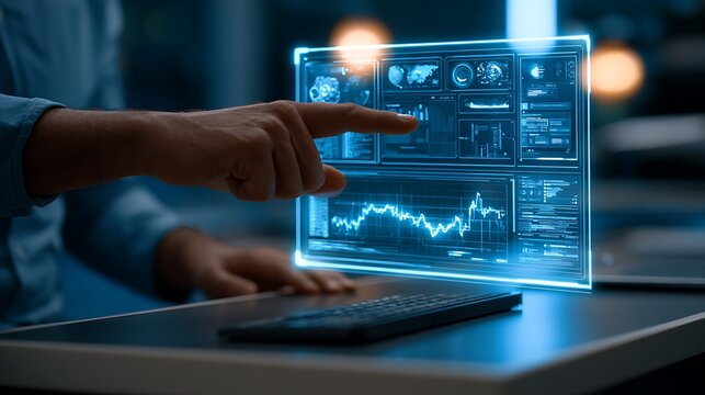 man interacting with futuristic digital screen displaying data charts