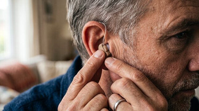 Close-up of a mature senior man adjusting a modern digital hearing aid in his ear for improved auditory health