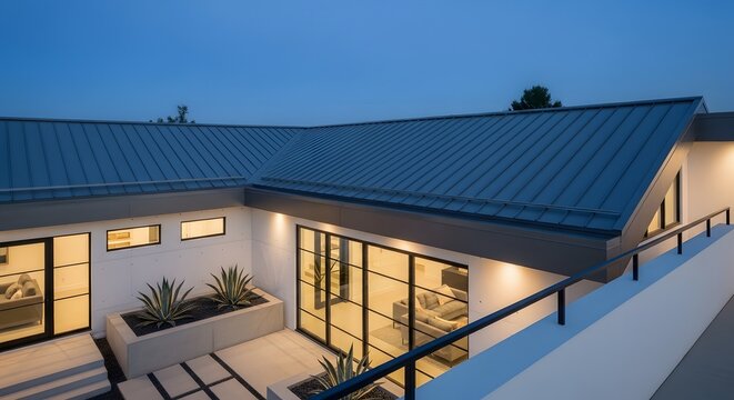 Modern luxury house exterior with metal roof and illuminated patio at dusk.