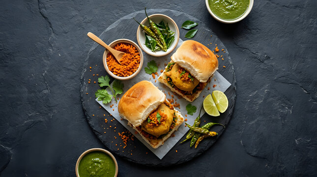 Delicious mumbai street food vada pav served on dark stone plate with chutneys and green chilies dumpling vegetarian background coriander delicious