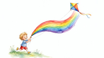 Obraz premium Joyful boy running with a colorful rainbow kite on a white background watercolor illustration