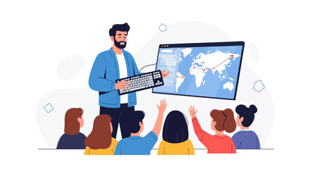 Fototapeta premium Business Training: Instructor with Keyboard Presents World Map Graph to Engaged Students Raising Hands