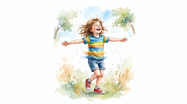 Joyful child with arms outstretched in a watercolor style illustration