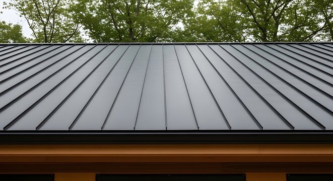 Modern dark grey standing seam metal roof on a residential building exterior.